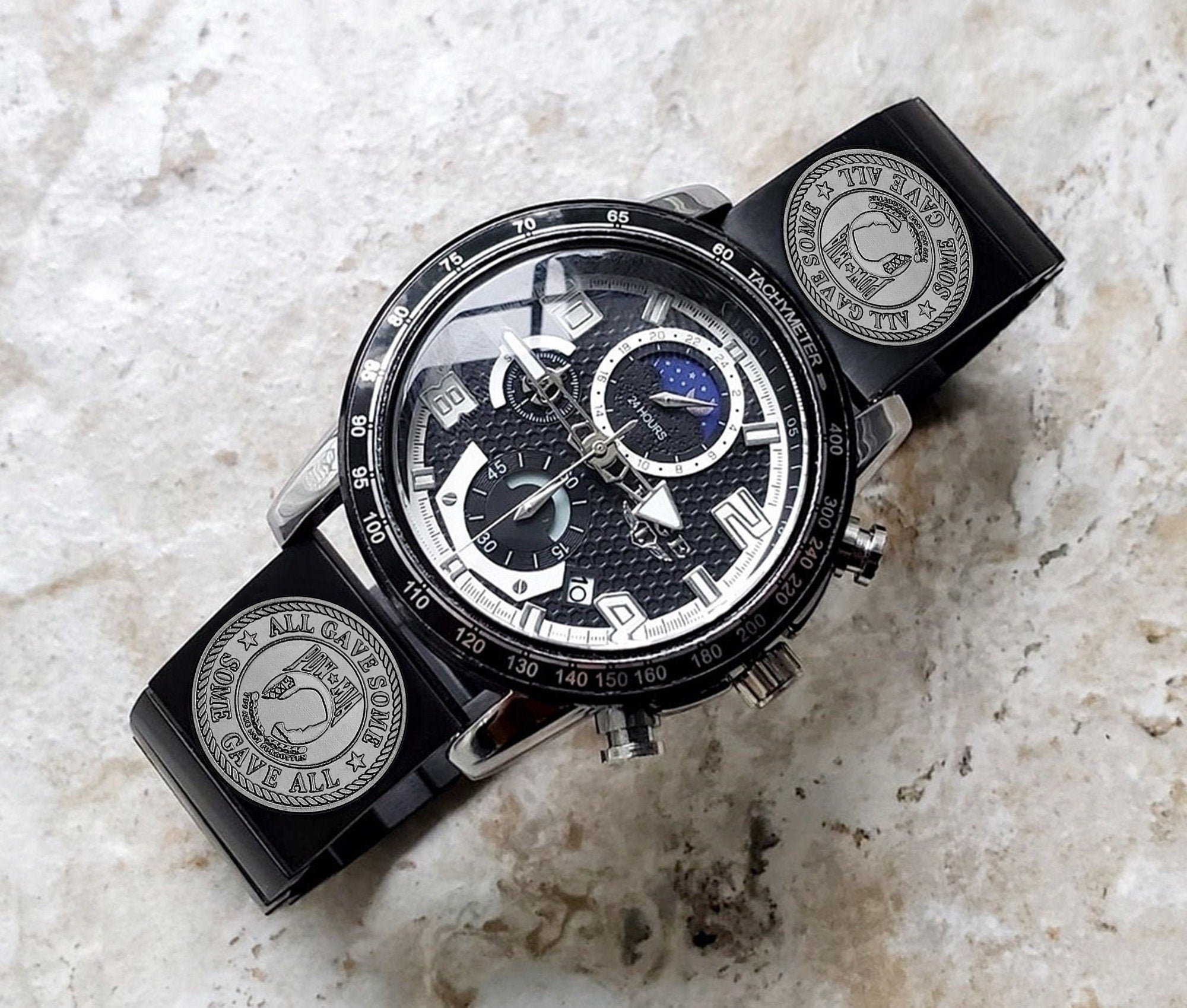 POW MIA Engraved Watch Band for 22mm Width Lugs Traditional Casual Luxury and Smartwatches Black Stainless Steel Strap Bracelet PM1